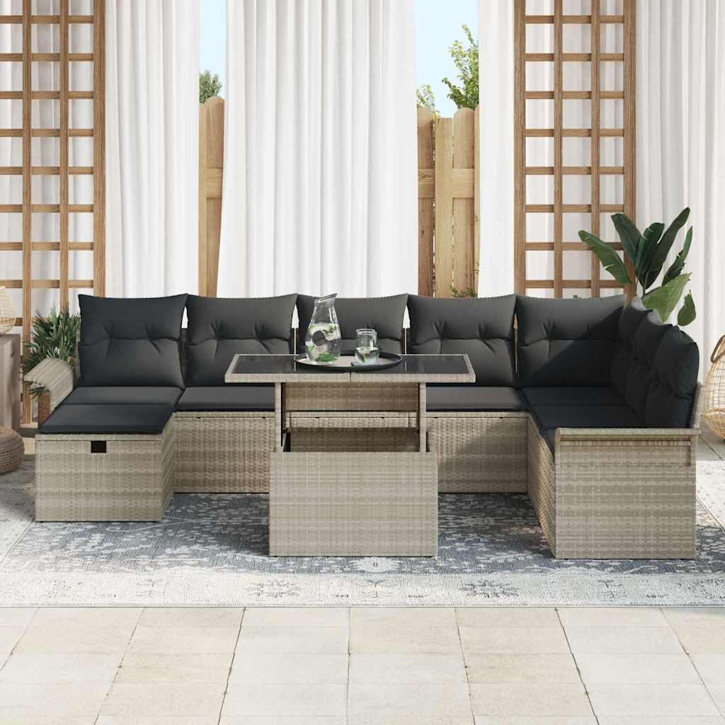 Garten-Sofa-Set mit Kissen 9 pcs Hellgrau Poly Rattan
